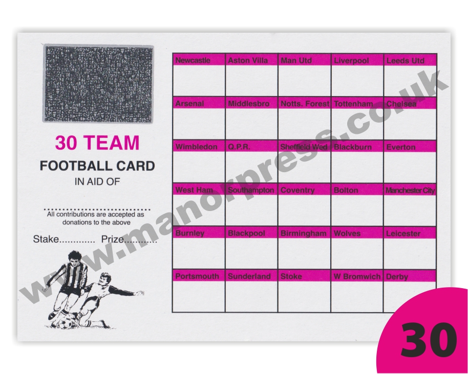 1 CARD = RAISE £805-PINK AND WHITE 30 SPACE FOOTBALL SCRATCH CARDS PACK OF 50 